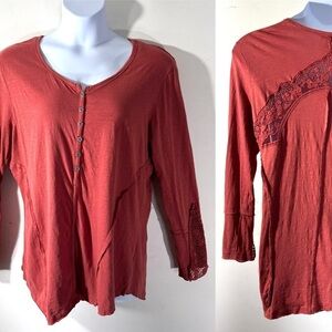 Mona B Crochet Cuff Henley Rust Top